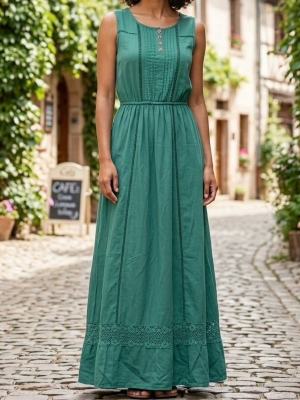 Matilda Jane Teal Green Sleeveless Maxi Dress with Lace Insets